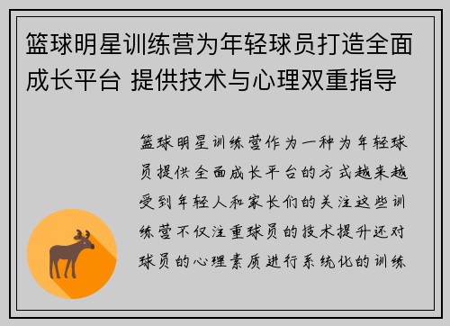 篮球明星训练营为年轻球员打造全面成长平台 提供技术与心理双重指导