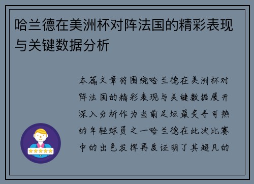哈兰德在美洲杯对阵法国的精彩表现与关键数据分析